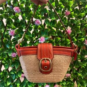 Coach burnt orange raffia straw mini tote hand bag